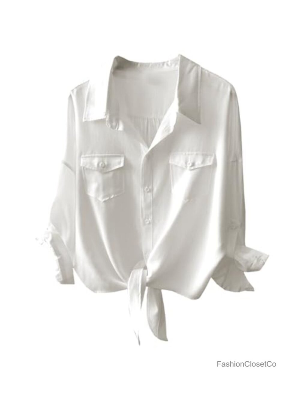Womens Lyocell Button Down Shirt 3/4 Sleeve Tie Front Loose Office Blouse